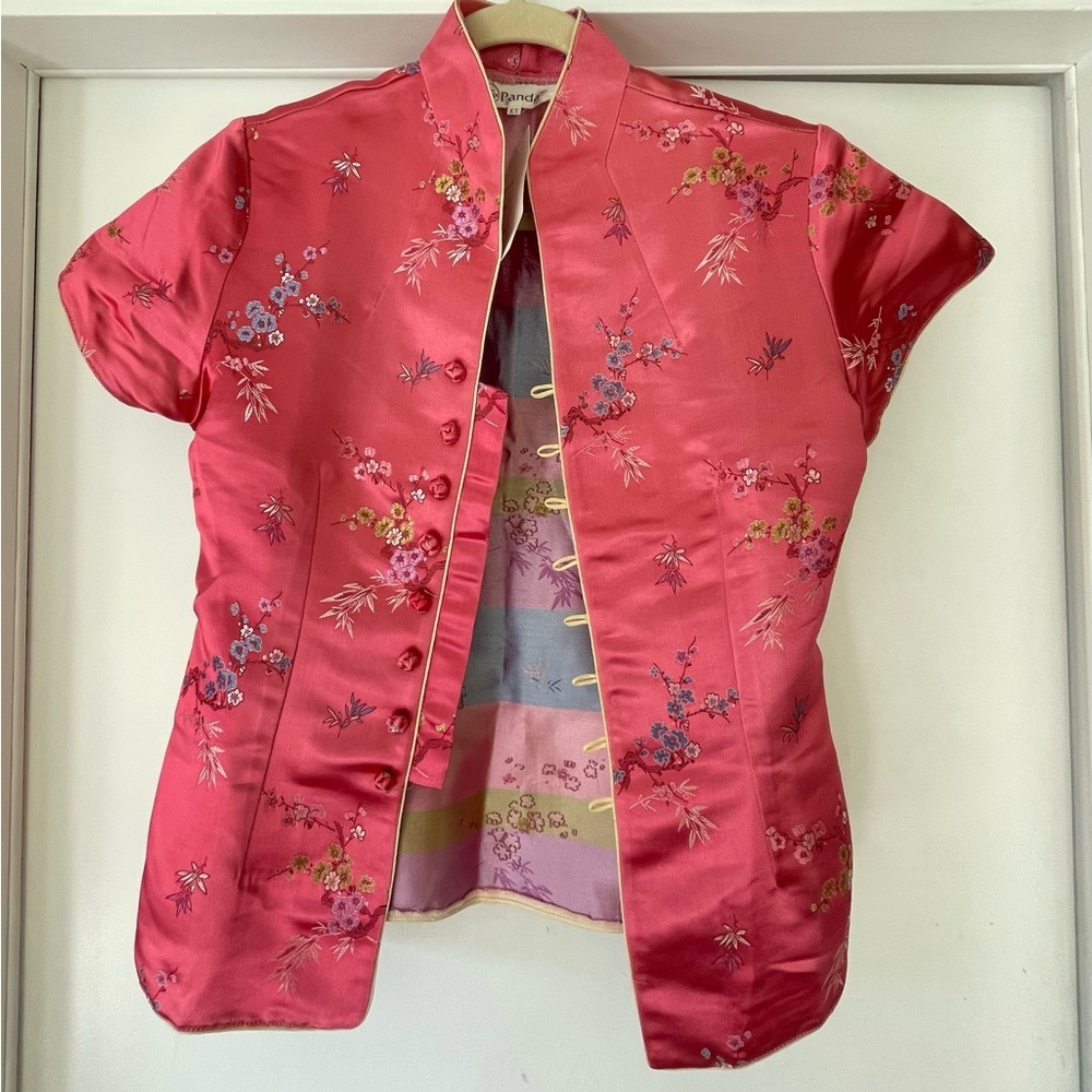 Panda Kimono Jacket, 100% silk, pink and floral, silk buttons, sz XS (runs big)